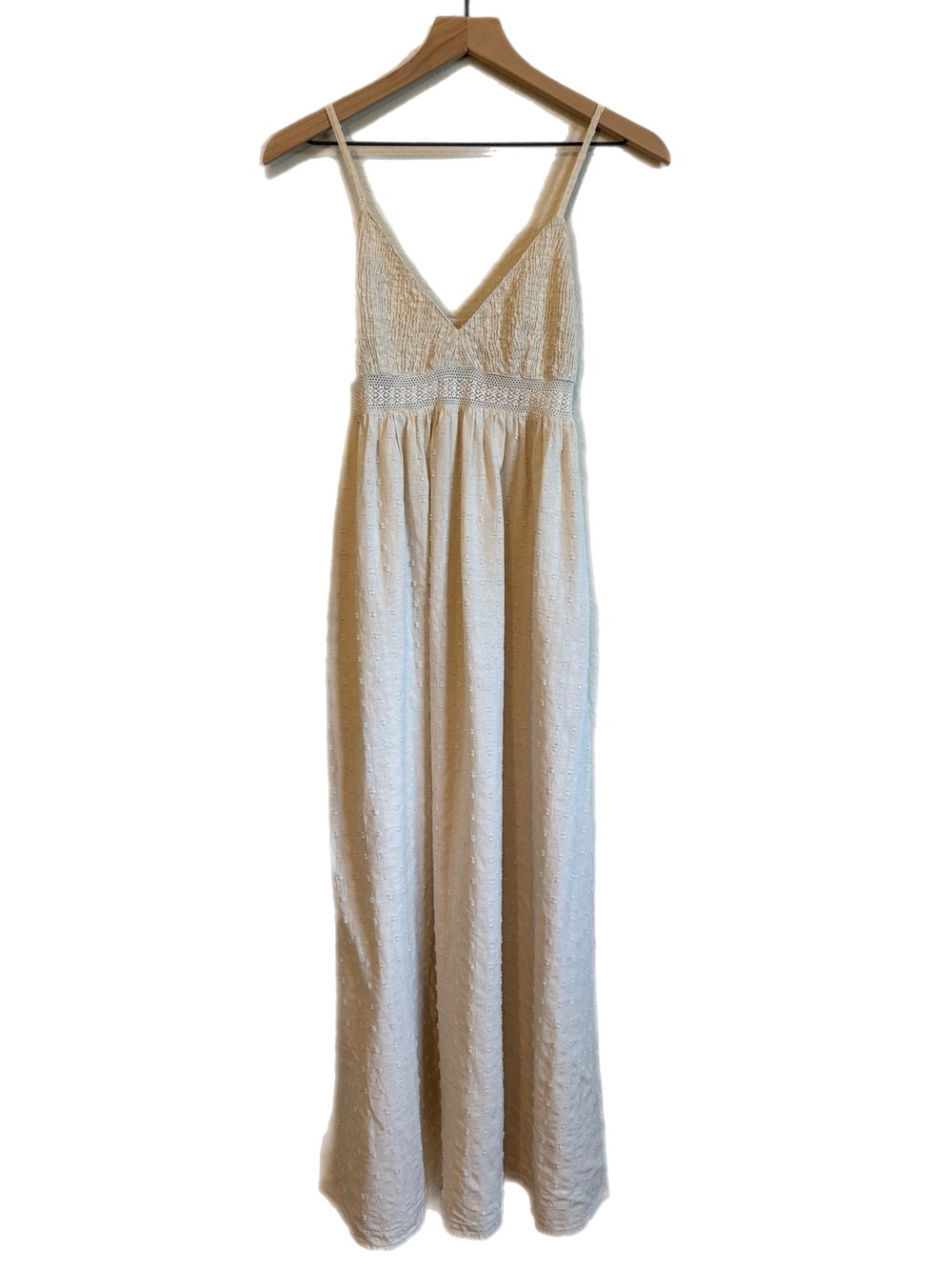 Sim & Sam Anthropologie Swiss Dot Cotton Linen Crochet Maxi Dress Cream S